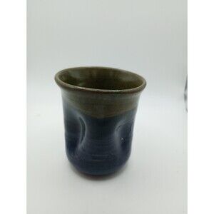 2008 Signed AH Hand Thrown Pottery Pinch Cup OOAK Unique Green Moss Juice Water